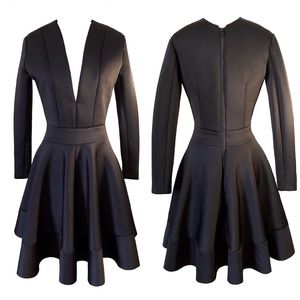 Handmade Black Neoprene Deep V-neck Long Sleeve A-line dress size 4